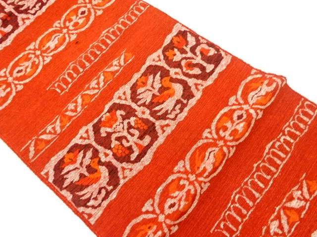 手織り紬変わり横段に花鳥模様織出し名古屋帯